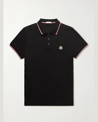 Moncler Polo in cotone piqué con righe e logo applicato Nero