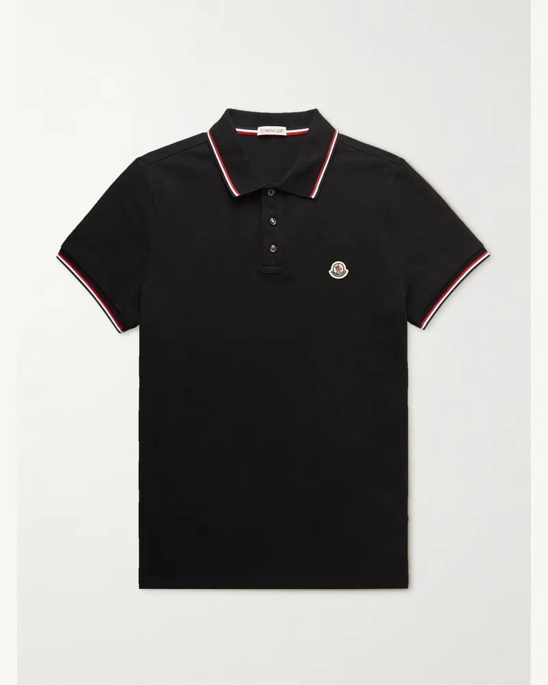 Moncler Polo in cotone piqué con righe e logo applicato Nero