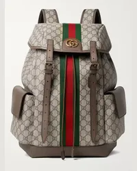 Gucci Ophidia Leather and Webbing-Trimmed Monogrammed Coated-Canvas Backpack Marrone