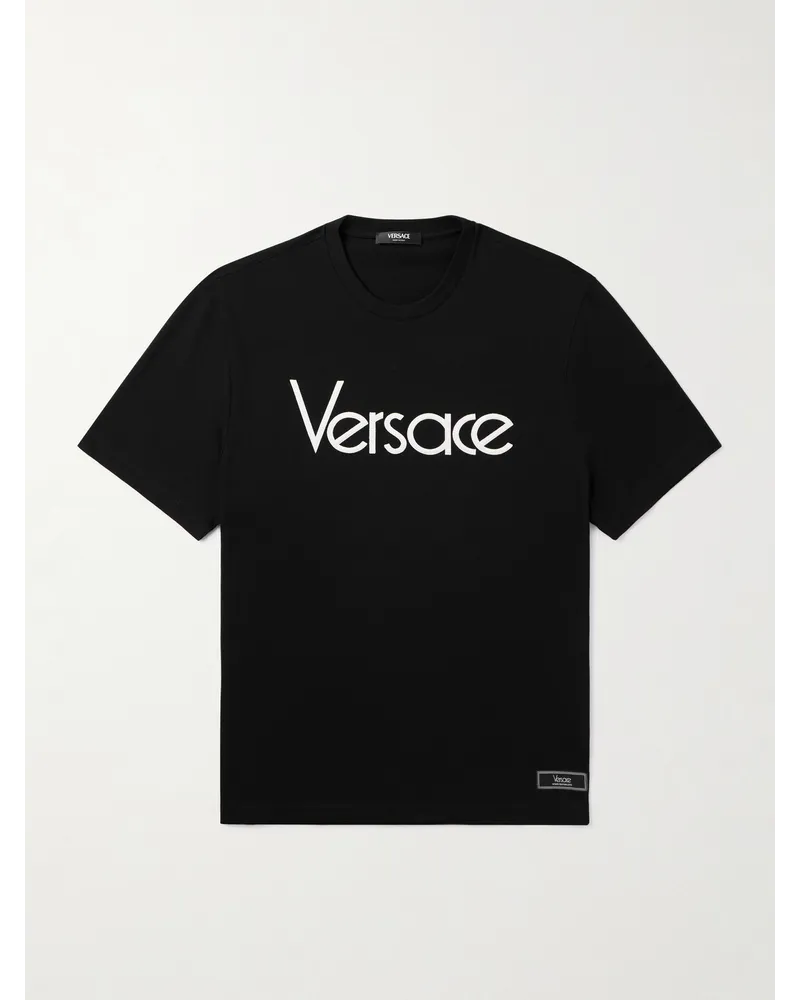 Versace T-shirt in jersey di cotone con logo ricamato e applicazione Nero