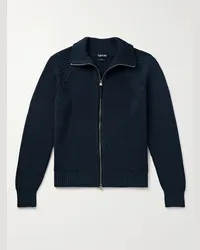 Tom Ford Cardigan slim-fit in misto seta e cotone a coste con zip Blu