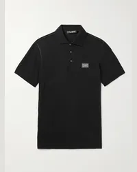 Dolce & Gabbana Polo in cotone piqué con finiture in pelle e logo applicato Nero