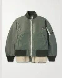 Sacai Bomber in twill e pile con finiture in lana a strati Verde