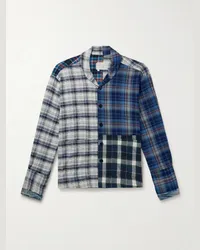 Greg Lauren Camicia in cotone e flanella patchwork a quadri con finiture in denim Blu