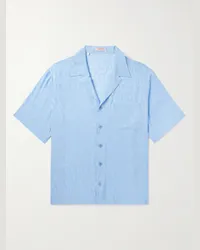 Valentino Garavani Camicia in raso di seta con logo jacquard e colletto aperto Toile Iconograph Blu