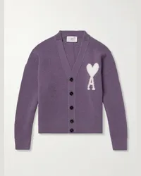 AMI Paris Cardigan in misto alpaca con logo jacquard Viola