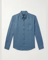 Club Monaco Camicia slim-fit in lino a righe con collo button-down Blu