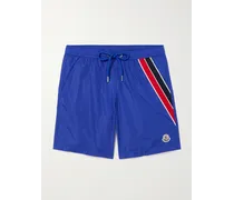 Moncler Shorts da mare medi a gamba dritta in tessuto riciclato a righe con logo applicato Blu
