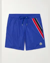 Moncler Shorts da mare medi a gamba dritta in tessuto riciclato a righe con logo applicato Blu