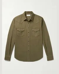 Saint Laurent Camicia stile western in cotone con motivo a spina di pesce Verde