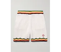 Shorts a gamba dritta in cotone crochet con righe e logo applicato