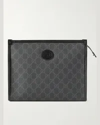 Gucci Leather-Trimmed Monogrammed Coated-Canvas Pouch Nero