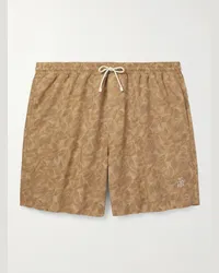 Brunello Cucinelli Shorts da mare medi a gamba dritta stampati con logo ricamato Marrone