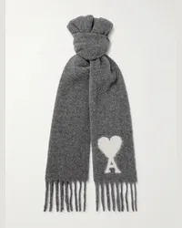 AMI Paris Sciarpa in misto alpaca con logo a intarsio e frange Grigio