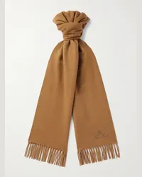 Loro Piana Sciarpa in cashmere spazzolato con frange e logo ricamato Marrone