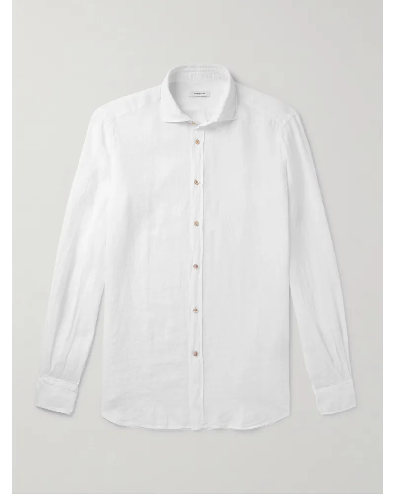 Boglioli Camicia in lino con collo alla francese Bianco