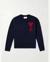 AMI Paris Pullover in lana vergine con logo a intarsio Blu