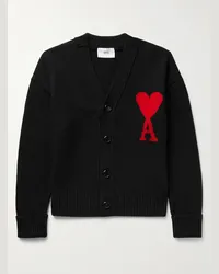 AMI Paris Cardigan in lana vergine con logo a intarsio Nero