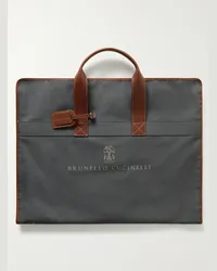 Brunello Cucinelli Leather-Trimmed Logo-Print Canvas Garment Bag Grigio