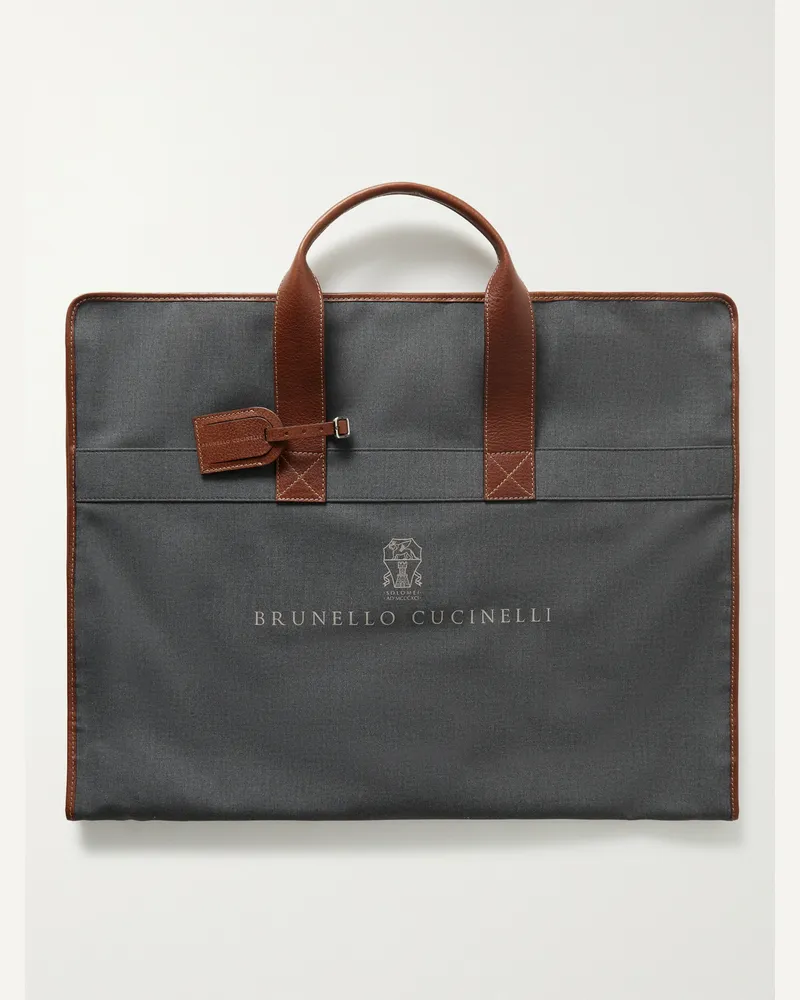 Brunello Cucinelli Leather-Trimmed Logo-Print Canvas Garment Bag Grigio