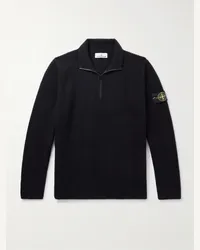 Stone Island Pullover in lana punto waffle con logo applicato e mezza zip Nero