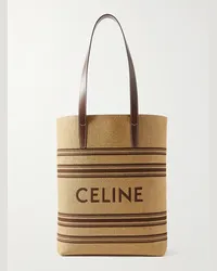 Celine Tote bag in rafia a righe con logo ricamato e finiture in pelle Neutri