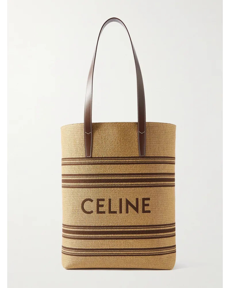 Celine Tote bag in rafia a righe con logo ricamato e finiture in pelle Neutri