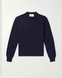 AMI Paris Pullover in misto cashmere e lana con logo ricamato Blu