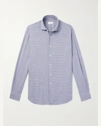 Incotex Camicia in flanella di cotone pied-de-poule con collo alla francese Glanshirt Blu