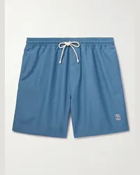 Brunello Cucinelli Shorts da mare medi a gamba dritta con logo ricamato Blu