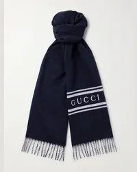 Gucci Sciarpa in misto lana e cashmere con logo jacquard e frange Blu