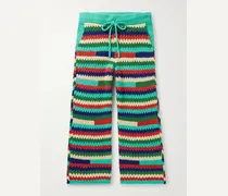 Pantaloni a gamba dritta in cashmere crochet a righe con coulisse