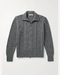 Inis Meáin Cardigan in misto lana merino e cashmere a trecce con zip Grigio