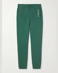 Saint Laurent Pantaloni sportivi a gamba affusolata in jersey di cotone con logo ricamato Verde