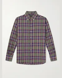 Beams Plus Camicia in cotone madras a quadri con collo button-down Verde