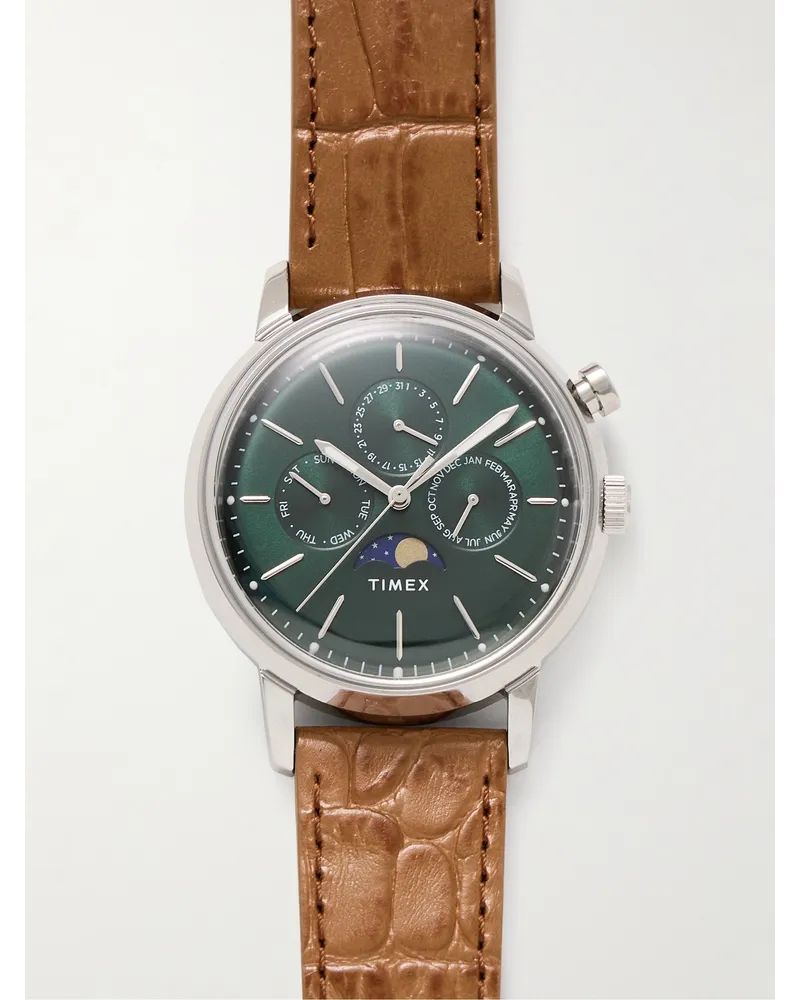 Timex Orologio 40 mm in acciaio inossidabile con cinturino in pelle effetto coccodrillo e fasi lunari Marlin Marrone