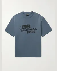 Balenciaga T-shirt in jersey di cotone effetto invecchiato con logo stampato Blu