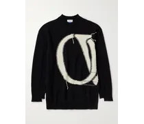 Pullover oversize in lana effetto consumato con logo a intarsio