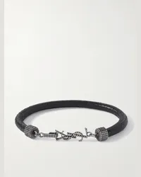 Saint Laurent Bracciale in pelle testurizzata e metallo argentato con logo Nero