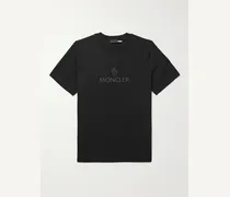 Moncler T-shirt in jersey di cotone con logo stampato e finiture in mesh Nero