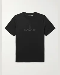 Moncler T-shirt in jersey di cotone con logo stampato e finiture in mesh Nero