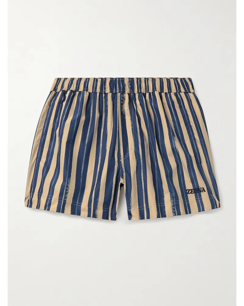 Ermenegildo Zegna Shorts da mare medi a gamba dritta a righe con logo ricamato Blu