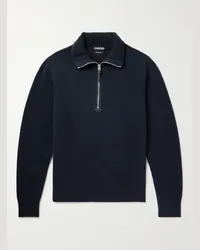 Tom Ford Pullover in misto lana con mezza zip Blu