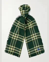 Burberry Sciarpa in misto lana a quadri con logo ricamato e frange Verde