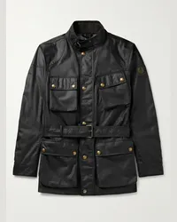 Belstaff Giacca in cotone cerato con logo applicato e cintura Trailmaster Nero