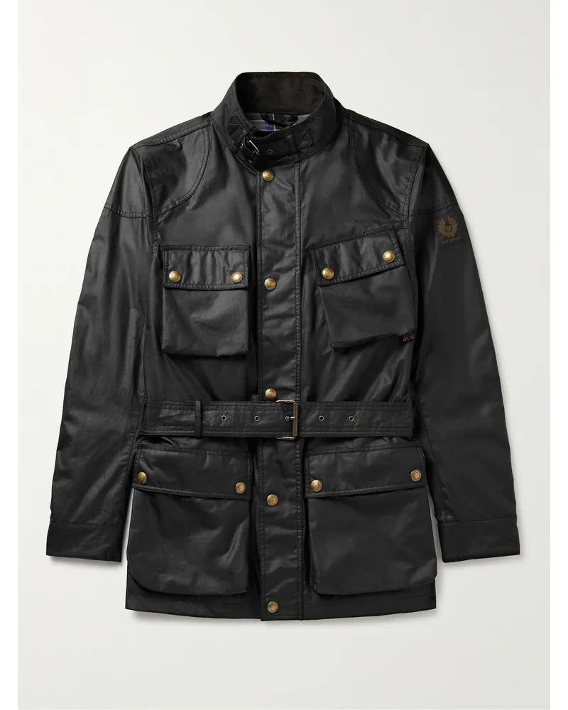 Belstaff Giacca in cotone cerato con logo applicato e cintura Trailmaster Nero