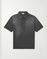 Saint Laurent Polo in cotone piqué con logo ricamato Grigio