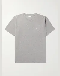 Saint Laurent T-shirt in misto cotone piqué con logo ricamato Grigio