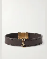 Saint Laurent Bracciale in metallo dorato e pelle con logo Cassandre Marrone