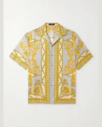 Versace Camicia in twill di seta stampato con colletto aperto Le Coupe del Dieux Giallo